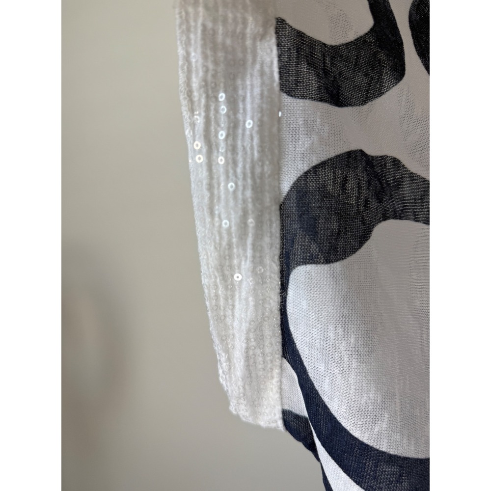 Made in Italy Linen Blend Tunic Top Navy White Abstract Circle Sequin Trim M/L - Picture 3 of 10